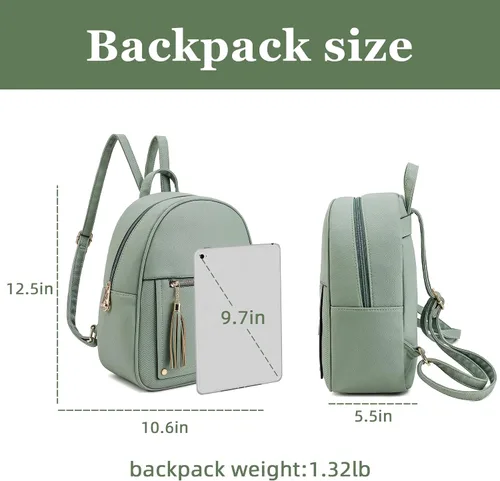 Vista 5 de Mini mochila antirrobo para mujer, bonita mochila escolar para adolescentes y niñas con cremallera segura y borla, forro polar verde con licencia