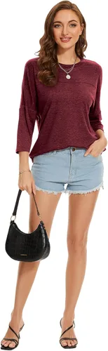 Vista 113 de ZENNILO Camisetas casuales de manga 3/4 para mujer, holgadas, cuello redondo, lindas camisetas básicas