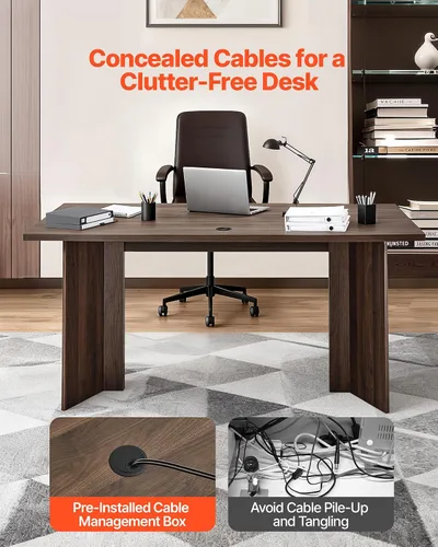 Vista 6 de VEVOR Escritorio ejecutivo de 63 pulgadas, mesa de oficina rectangular grande y moderna, mesa ejecutiva de madera resistente con orificio de Nogal