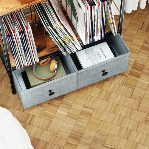 Vista 2 de DALEMHOME Soporte para tocadiscos con almacenamiento de vinilo, mesa de 2 niveles con cajón de tela, capacidad para hasta 110 discos de vinilo, mesa
