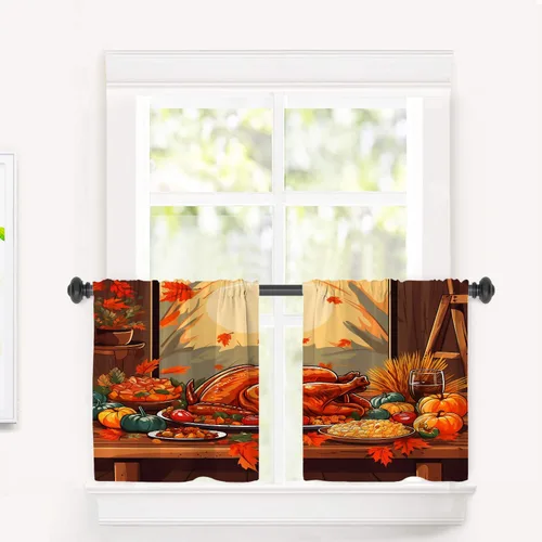 Vista 97 de Cortinas geométricas de cocina para ventanas, color negro, blanco, turquesa, cenefas opacas de poliéster multicapa para cocina, paquete de 2