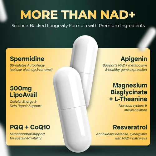 Vista 5 de UPLIFE Suplemento NAD+ 1,372 mg de NAD+ liposomal con CoQ10, resveratrol, espermidina, L-teanina, apigenina y PQQ NMNH potenciador alternativo