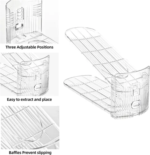 Vista 4 de Organizador de ranuras para zapatos, zapatero ajustable con tres niveles, apiladores de zapatos para un par de zapatos (transparente, paquete de 10)