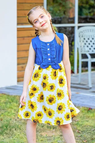 Vista 2 de Enlifety - Vestidos de princesas para niñas pequeñas, sin mangas, blusa de mezclilla y faldas de tutú con estampado floral, vestido de verano de una