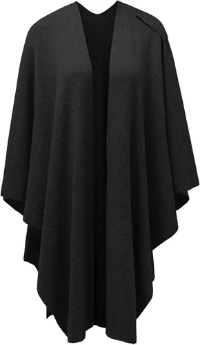 Vista 2 de PULI Suéter tipo poncho para mujer con frente cruzado grande y elegante capa de punto para otoño e invierno, 1-negro