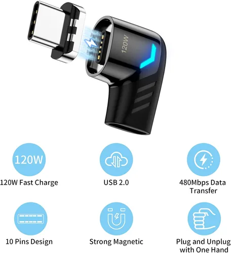 Vista 3 de Adaptador magnético USB C, conector tipo C de ángulo recto, carga rápida PD de 120 W, velocidad de transferencia de 480 Mbps, compatible