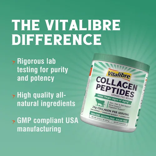 Vista 5 de Vitalibre Péptidos de colágeno bovino en polvo para mujeres y hombres, proteína de colágeno hidrolizada alimentada con pasto tipo I y III, piel