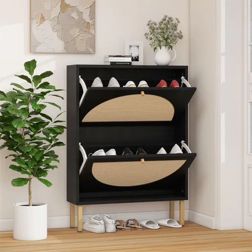 Vista 16 de ZeHuoGe Zapatero de ratán natural con 2 cajones abatibles, zapatero negro para tacones, zapatillas, zapatero independiente para entrada y pasillo