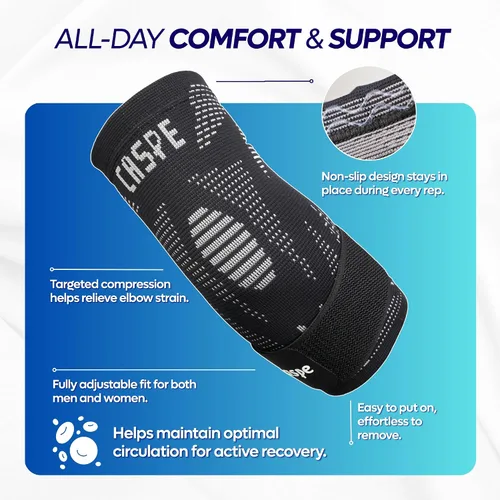 Vista 3 de Caspe Codera, manga de compresión ajustable con correa, codera de tenis para hombres y mujeres, tendinitis, levantamiento de pesas, entrenamientos