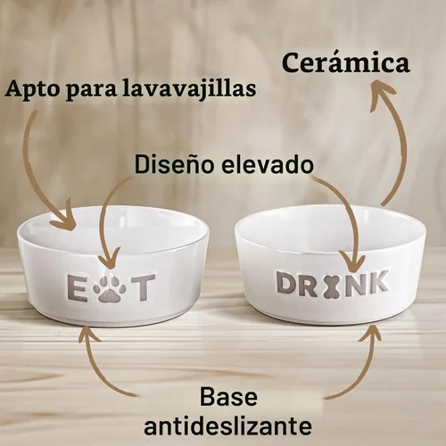 Vista 2 de Juego de 2 cuencos de cerámica para perros con base antideslizante, 5.5 Gris