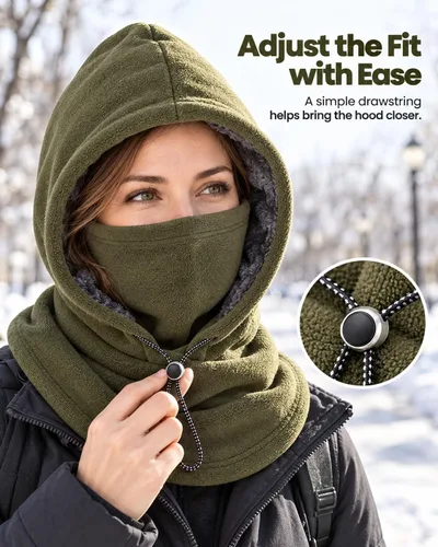 Vista 7 de 3-in-1 Winter Hat, Flannel Balaclava Face Mask with Neck Cover Green