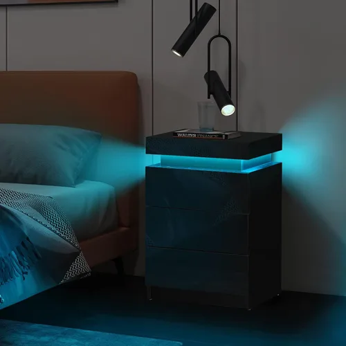 Vista 8 de TUKAILAi Mesita de noche con luz LED, moderna mesita de noche negra con tapa abatible, mesita de noche pequeña con 3 cajones de madera, mesa