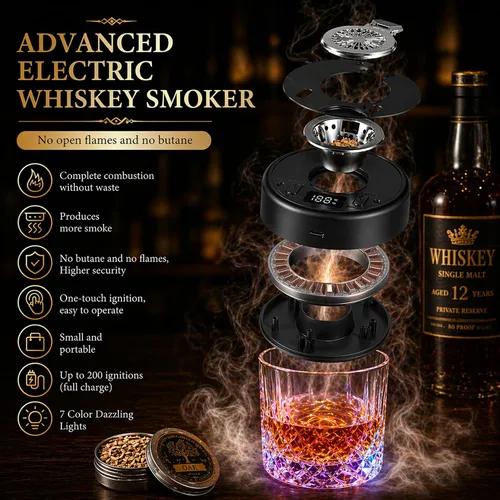 Vista 2 de Kit de ahumador de whisky eléctrico, ahumador de cóctel recargable sin antorcha con 7 luces de color, ahumador de bebidas portátil con 10 chips