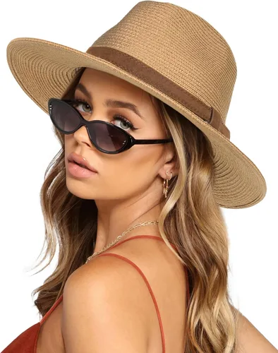 Vista 13 de FURTALK Sombrero Panamá de paja de ala ancha para hombre y mujer Ab-beige.