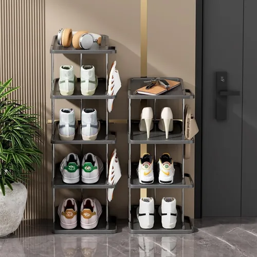 Vista 3 de Zapatero vertical apilable de 5 niveles para 10 pares, torre de zapatos estrecha, ahorro de espacio, para entrada, sala de estar, dormitorio Negro