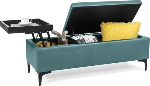 Vista 4 de Joveco Mesa auxiliar rectangular con bandeja elevadora, banco otomano de almacenamiento con patas de metal, banco tapizado en el extremo de la cama