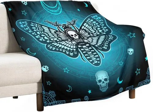 Vista 19 de Manta gótica de franela de polilla abstracta, mágica, bohemia, mariposa, esqueleto, luna, estrellas, manta estética para hombres, mujeres, niñas