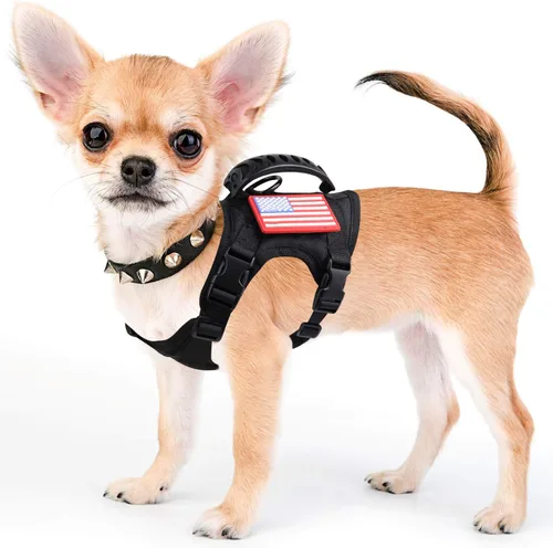 Vista 10 de Chaleco táctico de servicio para perro, K9 ajustable militar de trabajo, resistente al agua, cómodo chaleco para perro MOLLE con asa (XS, caqui)