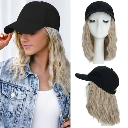 Vista 15 de S-noilite Peluca de gorra de béisbol con extensiones de cabello, 8 pulgadas, corta, rizada, ondulada, estilo Bob, peinado, ajustable, con cabello