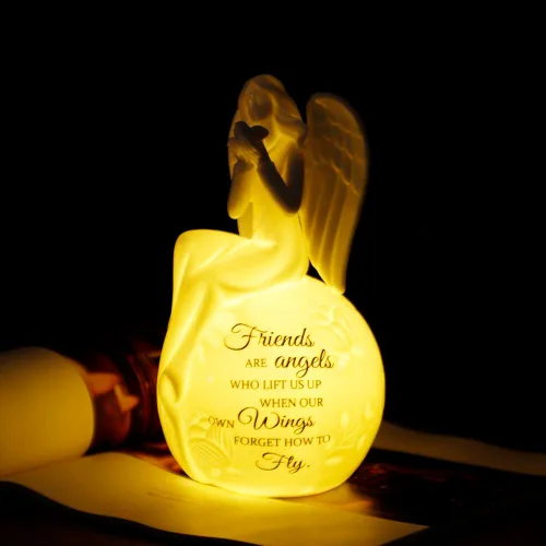 Vista 7 de Luz Nocturna de Cerámica Ángel Guardián – Lámpara Figurina de Ángel Orando con Mensaje Inspiracional – Regalo Conmemorativo con Luz LED