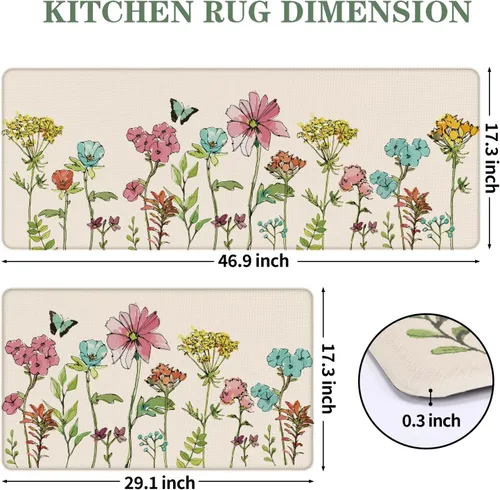 Vista 3 de Tapetes de cocina para piso, 2 piezas, color crema, flores coloridas, mariposas, tapetes de cocina para frente del fregadero, alfombras de cocina