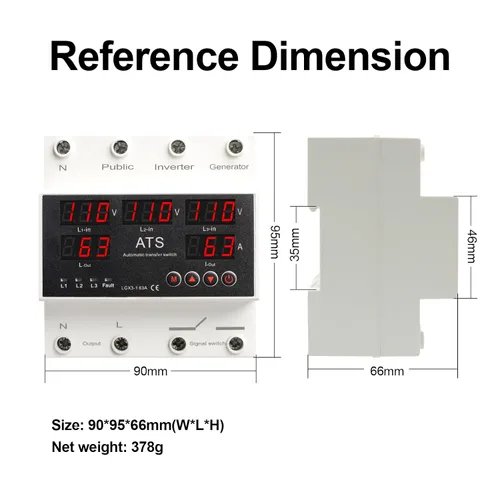 Vista 5 de Interruptor de Transferencia Automática ATS 4P 63A 110V - Selector de Fase de Prioridad L1, 50/60Hz, Montaje en Riel DIN, Certificado CE para Uso