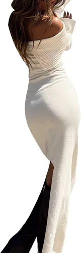 Vista 4 de Vestido largo sexy con hombros descubiertos para mujer, estilo Y2K, manga larga, acanalado, entallado, vestido largo de punto delgado