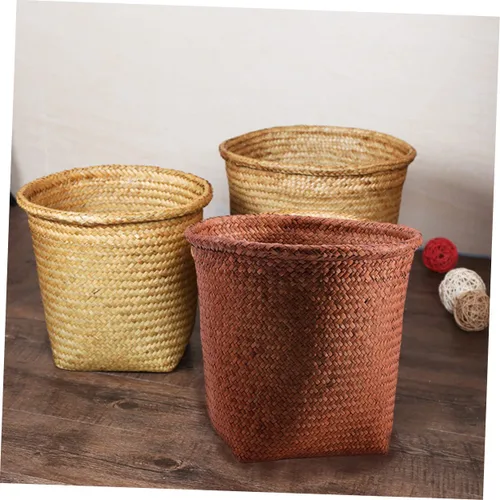 Vista 9 de Papelera de ratán tejida con paja, cesta de basura de oficina, diseño de paja natural, seguro y fácil de usar