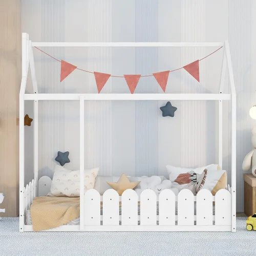 Vista 3 de Harper & Bright Designs Marco de cama individual para niños, cama Montessori de madera individual con barandillas en forma de valla, marcos de cama