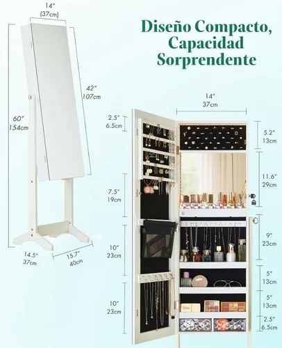 Vista 7 de LUXFURNI Armario de joyería de pie de longitud completa, espejo de 60 pulgadas con almacenamiento