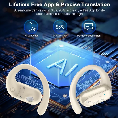 Vista 2 de Auriculares de Traducción AI en Tiempo Real – Auriculares Traductor de 164 Idiomas, Auriculares Inalámbricos 4-en-1 Bluetooth con Audifonos Blanco