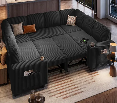 Vista 44 de LINSY HOME Sofá cama modular extraíble para sala de estar (beige, sofá cama 1) Sofá cama extraíble, almacenamiento, carga USB, portavasos, pana