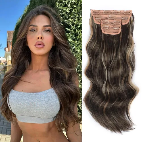 Vista 12 de Extensiones de cabello con clip de Vigorous de 20 pulgadas, con reflejos rubio playa, extensiones de cabello ondulado largo y suave de cabello