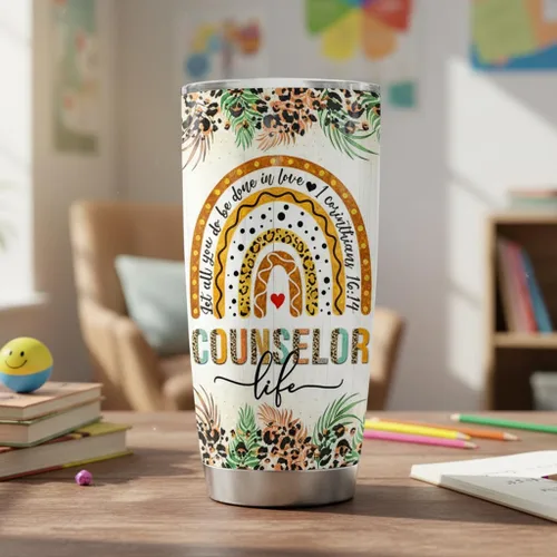 Vista 6 de 4LIEUBASMI Vaso de 20 onzas para consejero escolar, semana de agradecimiento al consejero, moderno multicolor con estampado de letras de arco iris