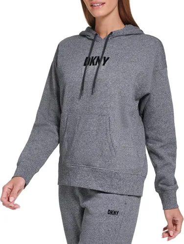 Vista 2 de DKNY Suéter de manga larga con capucha y cordón para mujer, de mezcla de algodón marfil, con bolsillos y cordón