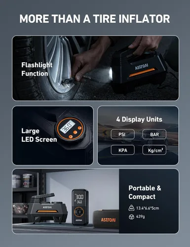 Vista 7 de AstroAI - Inflador de neumáticos - Compresor de aire portátil para neumáticos de auto - Bomba automática de 12 V CC con manómetro digital, 100 PSI
