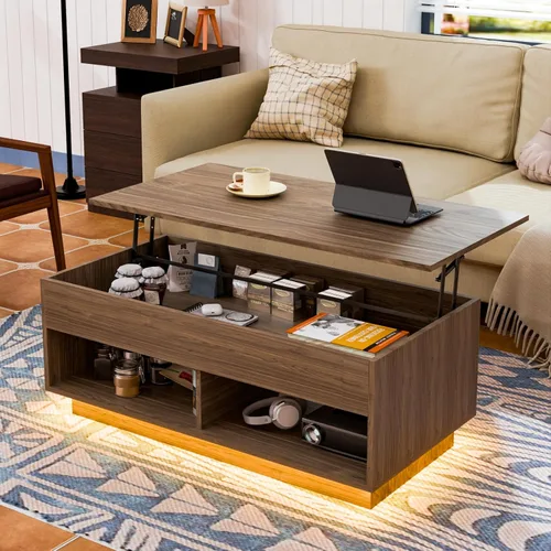 Vista 21 de HOMMPA Mesa de centro moderna con tapa elevable con almacenamiento para sala de estar, mesa de centro LED, mesa de comedor de madera con 2 cajones