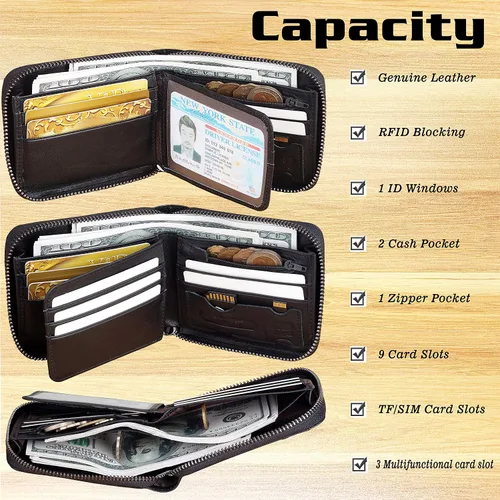 Vista 4 de Admetus - Cartera de piel auténtica para hombre con cremallera plegable