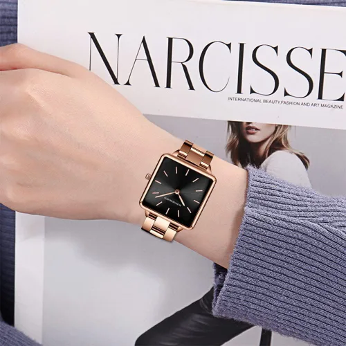 Vista 5 de Hanna Martin - Reloj cuadrado de acero inoxidable para mujer, movimiento japonés, pulsera de moda