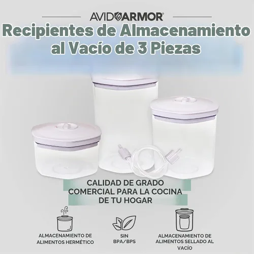 Vista 2 de Avid Armor Juego de recipientes de alimentos al vacío de 3 piezas para la cocina del hogar con manguera de accesorios en tamaños de 2L, 1.4L y 0.7L