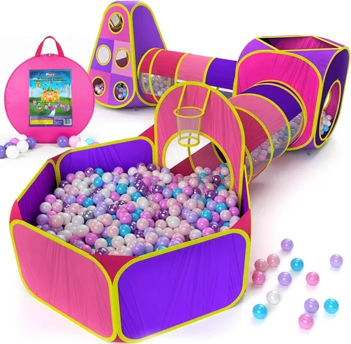 Vista 12 de Playz 5 piezas de tiendas de campaña infantiles y túneles - Piscina de pelotas para niños pequeños, canasta de baloncesto, tubos para gatear, casas