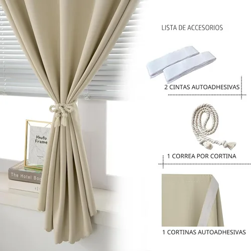 Vista 2 de Cortinas opacas con cinta autoadhesiva, sin barra, sin taladro, cubierta de ventana fácil de instalar para dormitorio, cocina, dormitorio, 34 Beige