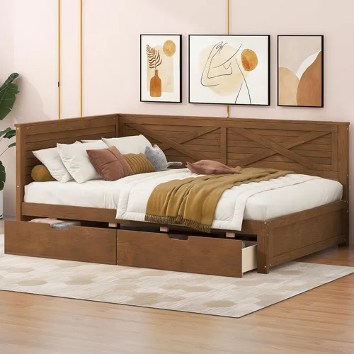 Vista 4 de Sofá cama de madera de tamaño individual con nido y cabecera en forma de L, marco de madera para sofá cama con barandilla rústica y soporte