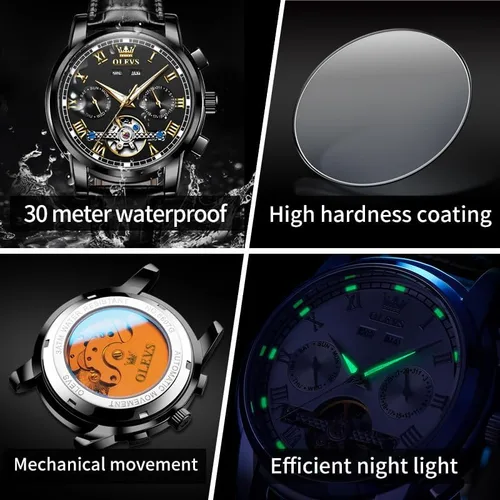 Vista 6 de OLEVS - Reloj para hombre automático de lujo con Tourbillon, cronógrafo, cara grande, calendario, de cuerda automática, relojes de pulsera