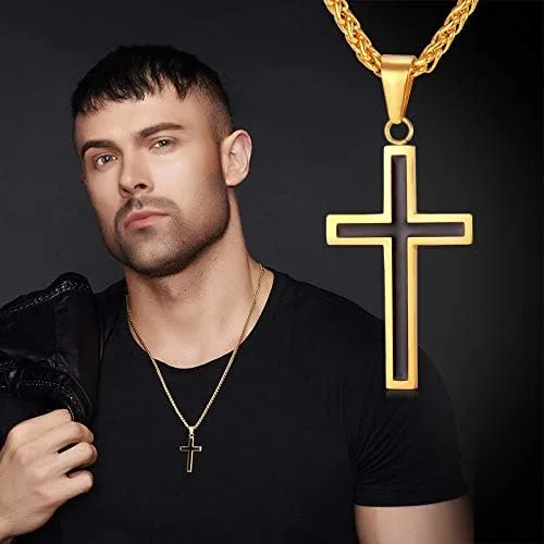 Vista 2 de U7 Simple Cross Necklace for Men Women, Stainless Steel Silver Black Gold Latin Cross Pendant Necklaces, Custom Engravable, Length 22-24 Inches