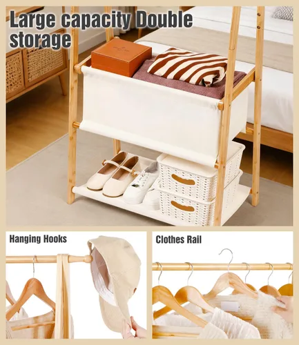 Vista 3 de Perchero de bambú con caja de almacenamiento y estante de almacenamiento, perchero portátil extra grande para ropa, armario plegable para entrada