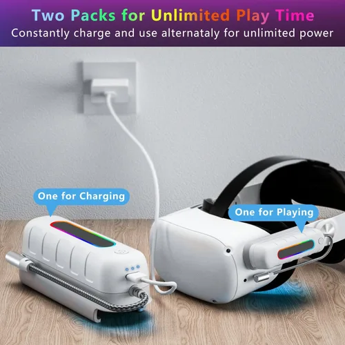 Vista 6 de Saqico Battery Pack for Oculus Quest 2/3/3S, 5000mAh Extended Power with Multi-Colors RGB Lights, Lightweight and Portable VR Extend Power
