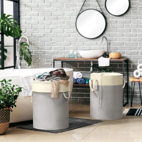 Vista 5 de Simple Houseware Cesta de lavandería plegable de 74L, cesta redonda de algodón con cierre de cordón y asas, paquete de 2, color gris