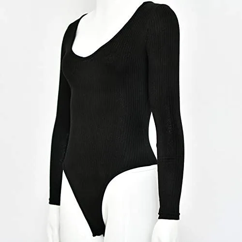 Vista 5 de Weigou - Body para mujer, con cuello en V profundo, manga larga, ajustado, elástico, leotardo, body