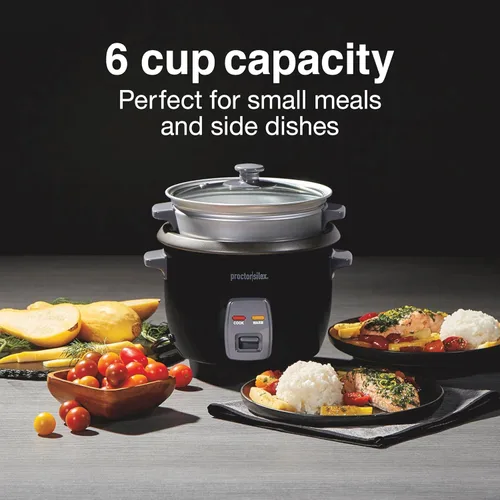 Vista 2 de Proctor Silex - Arrocera y vaporizador de alimentos, 6 tazas cocinadas (3 tazas sin cocinar), incluye cesta de vapor y enjuague, negro (37510)